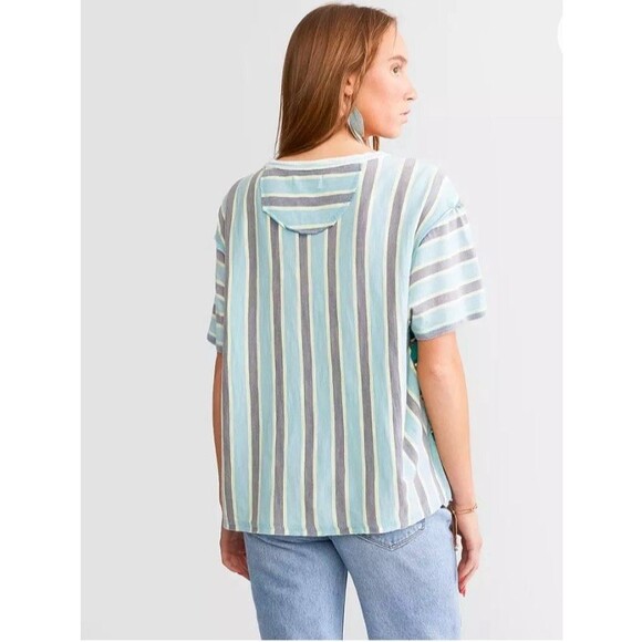 Free People Get Real T-Shirt Oversized Medium S/S Color-block Striped Green New - Picture 5 of 16